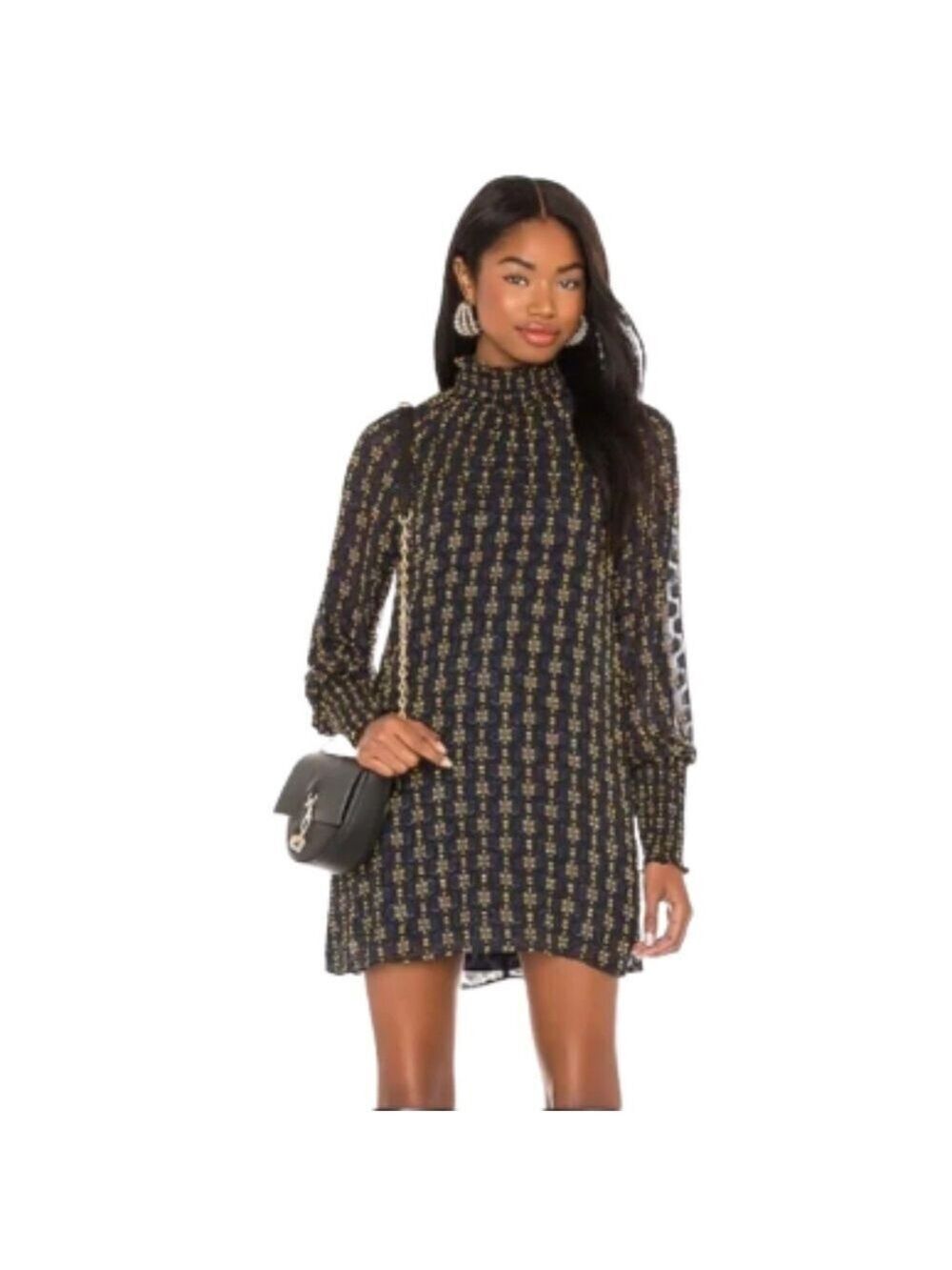 Amanda Uprichard Noemi Smocked Embroidered Mini Dress in Navy & Gold Sz L